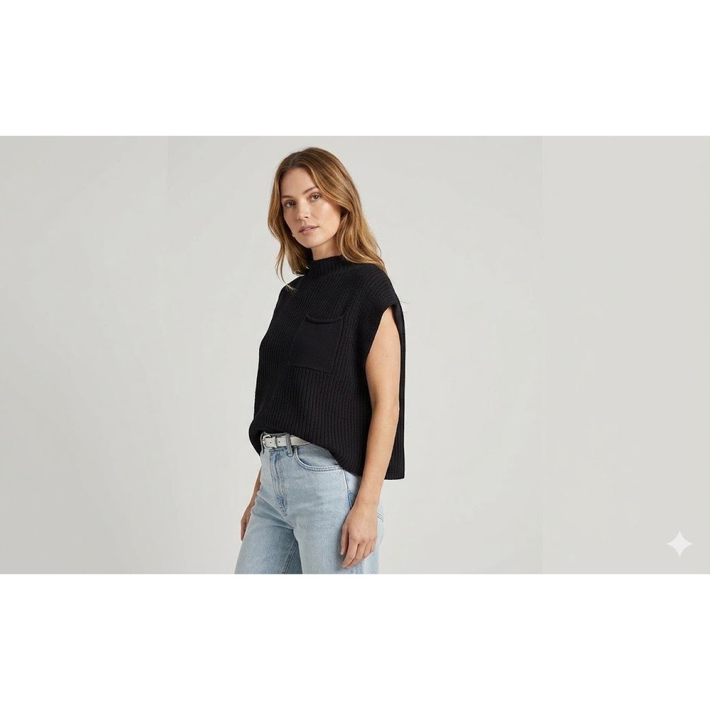 Lillusory Womens Black Cotton Ribbed Oversized Mock Neck Sweater Vest Large NEW